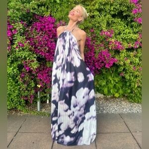 Kaufman Franco Purple Print Halter Maxi Long Medium Pockets